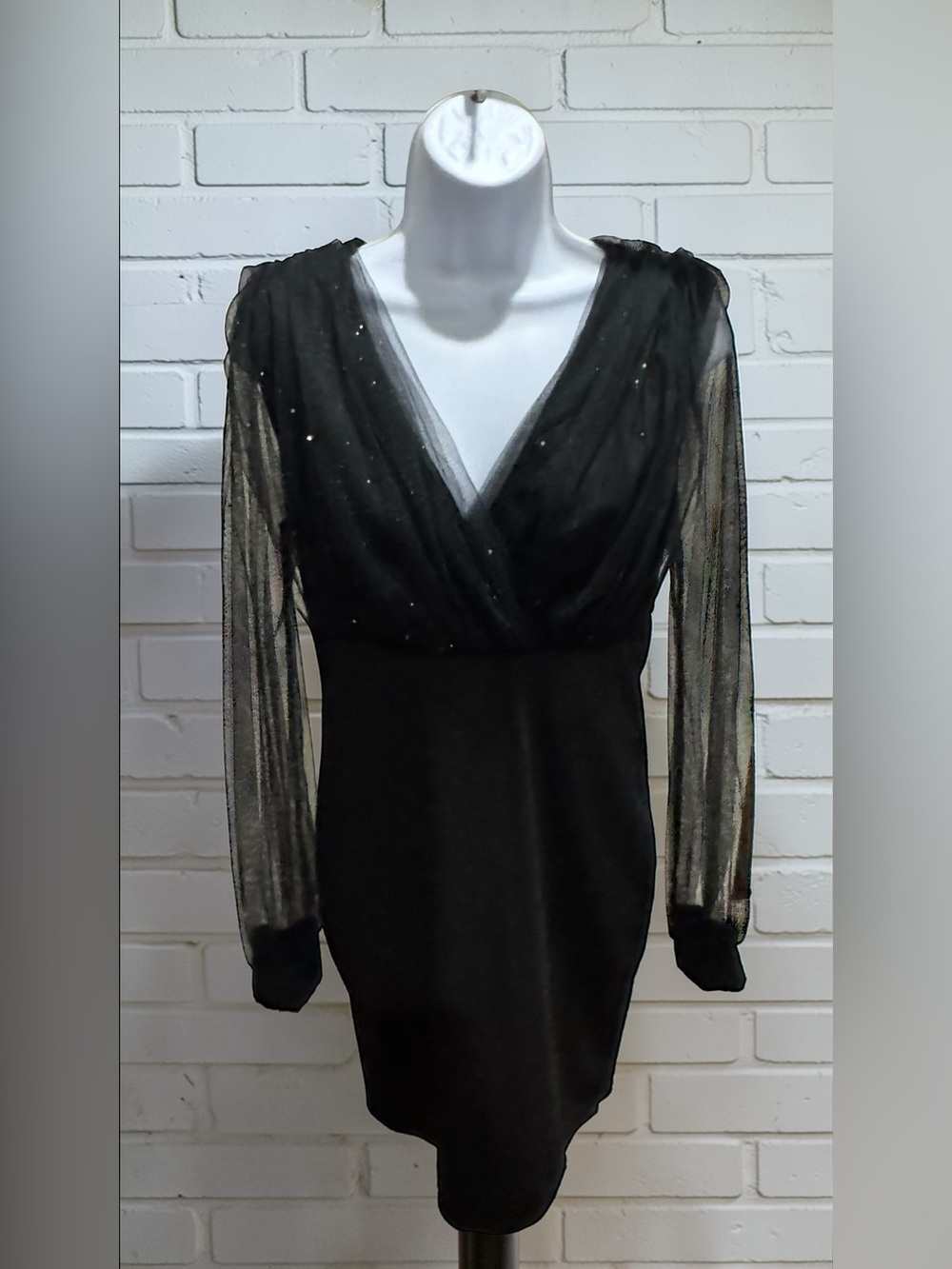CBR Black Sheer-Sleeve V-Neck Mini Dress